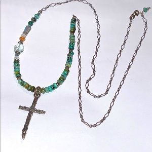 Silver Cross Pendant Necklace with Turquoise Beads - Women Jewelry